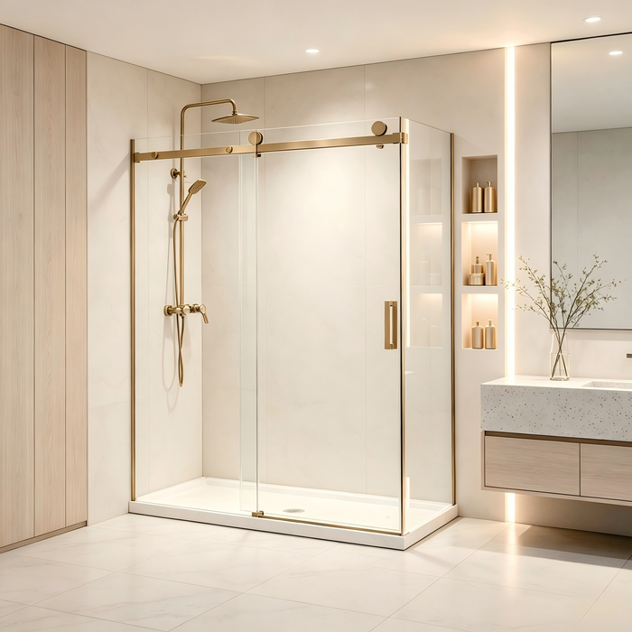 1180-2000mm Covey Frameless Brushed Gold Fitting L Shape Sliding Door 10mm Thickness Shower Screens - 2000mm Height