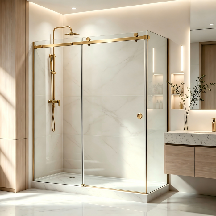 870-1180mm Covey Frameless Brushed Gold Fitting L Shape Sliding Door 10mm Thickness Shower Screens - 2000mm Height
