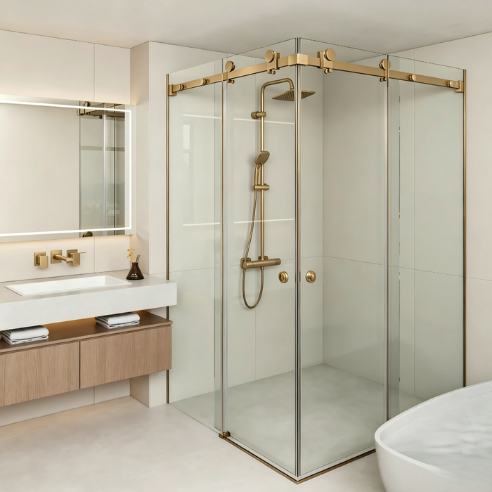 870-1450mm Covey Frameless L Shape Brushed Gold Fitting Double Corner Sliding Doors 10mm Thickness Glass Shower Screen - 2000mm Height