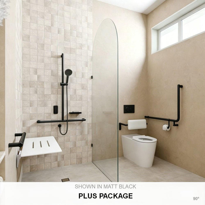 Left-Hand Accessible Care Bathroom Package – Shower, Toilet & Support System (Std & Plus - Matt Black)