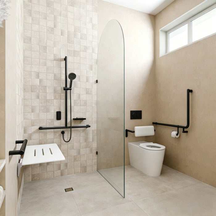 Left-Hand Accessible Care Bathroom Package – Shower, Toilet & Support System (Std & Plus - Matt Black)