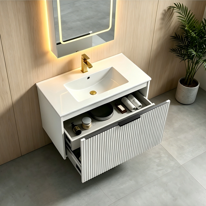 600-1500*455*830mm Infinity Thena White High-Moisture Resistant Plywood Fluted Wall Hung Bathroom Vanity