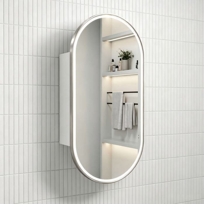 450*900mm Aulic Beau Monde LED Oval Framed Copper-free Matt White Shaving Cabinet