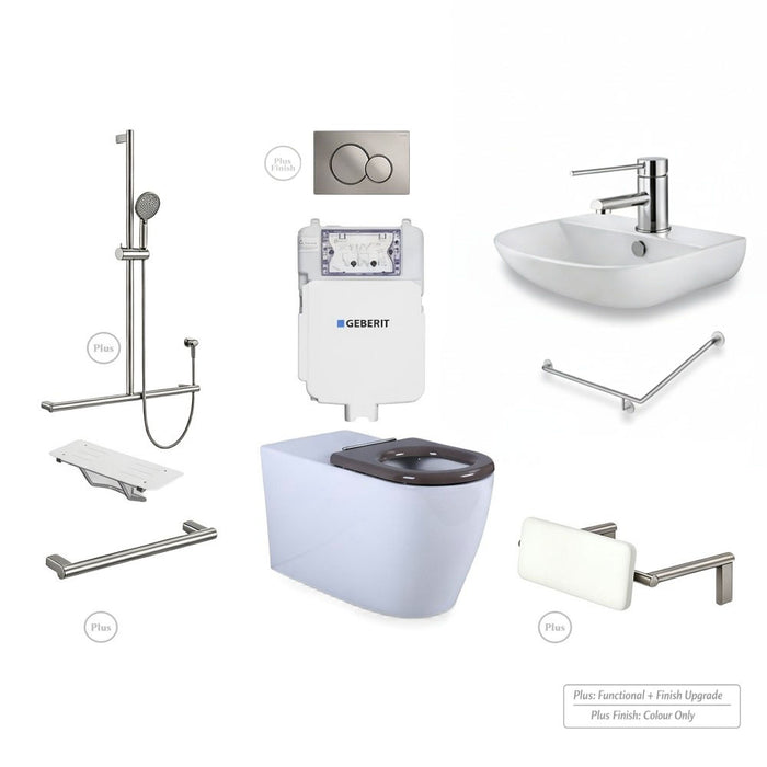Left-Hand Accessible Care Bathroom Package – Shower, Toilet & Support System (Std & Plus - Brushed Nickel)