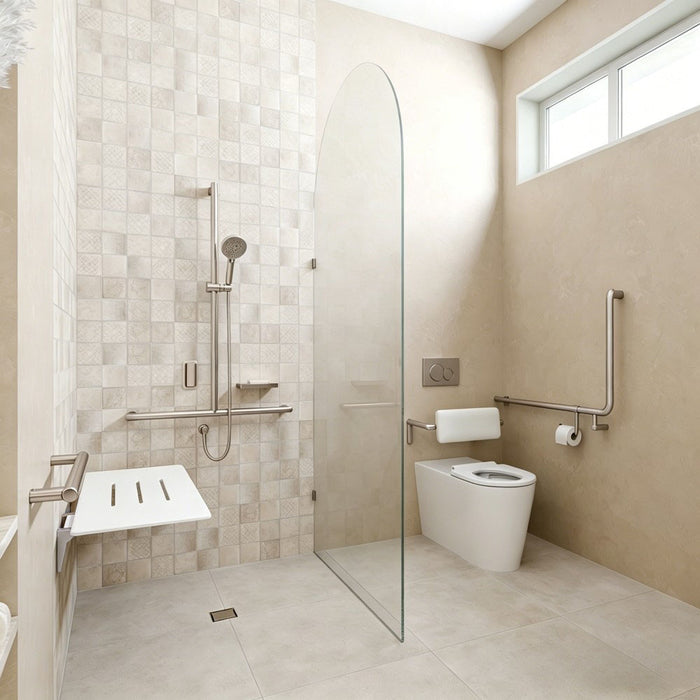 Left-Hand Accessible Care Bathroom Package – Shower, Toilet & Support System (Std & Plus - Brushed Nickel)