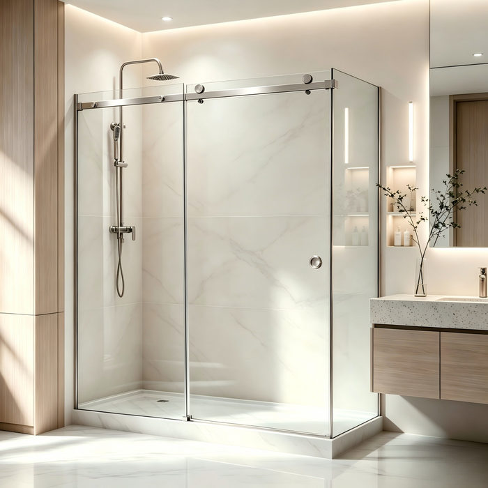 870-1180mm Covey Frameless Brushed Nickel Fitting L Shape Sliding Door 10mm Thickness Shower Screens - 2000mm Height