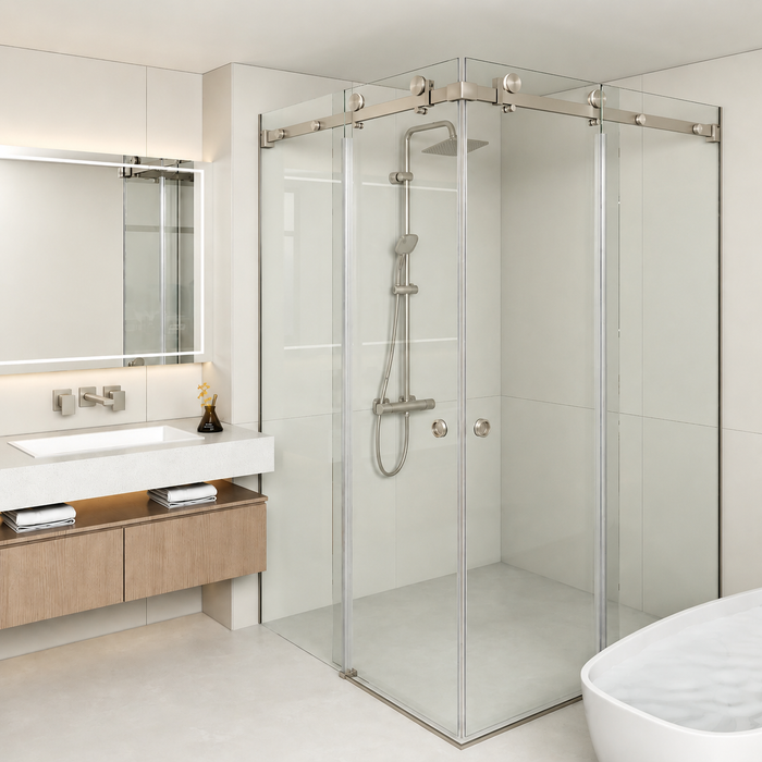 870-1450mm Covey Frameless L Shape Brushed Nickel Fitting Double Corner Sliding Doors 10mm Thickness Glass Shower Screen - 2000mm Height