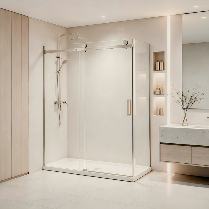 1180-2000mm Covey Frameless Brushed Nickel Fitting L Shape Sliding Door 10mm Thickness Shower Screens - 2000mm Height