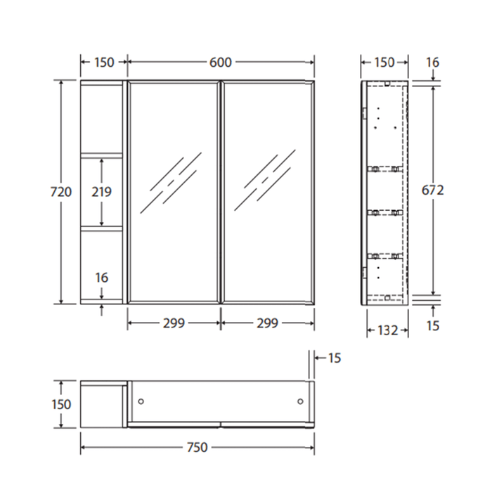 600*720*150mm Fienza Gloss White E1 MDF Board Copper-free Glass Rectangle Pencil/Bevel Edge Shaving Cabinet With Shelf