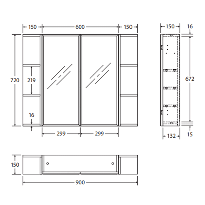 600*720*150mm Fienza Gloss White E1 MDF Board Copper-free Glass Rectangle Pencil/Bevel Edge Shaving Cabinet With Shelf