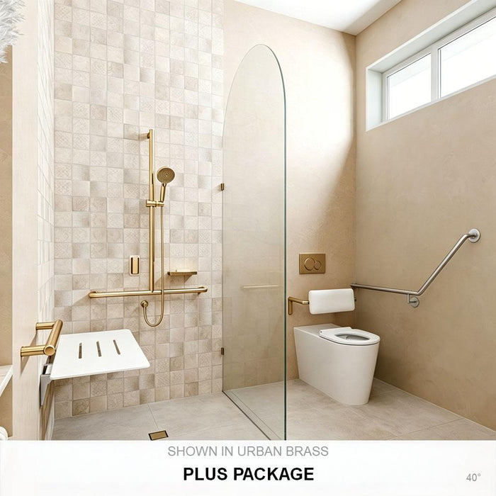 Left-Hand Accessible Care Bathroom Package – Shower, Toilet & Support System (Std & Plus - Urban Brass)