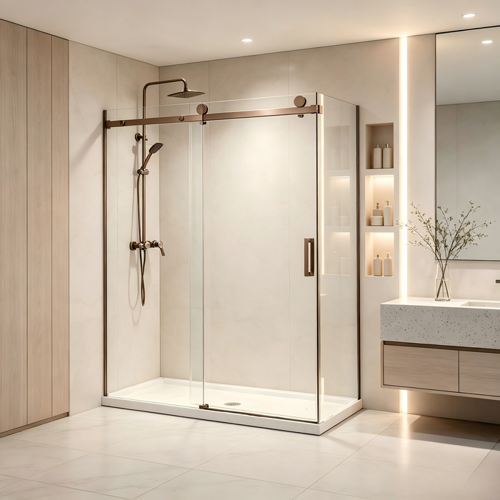 1180-2000mm Covey Frameless Brushed Bronze Fitting L Shape Sliding Door 10mm Thickness Shower Screens - 2000mm Height