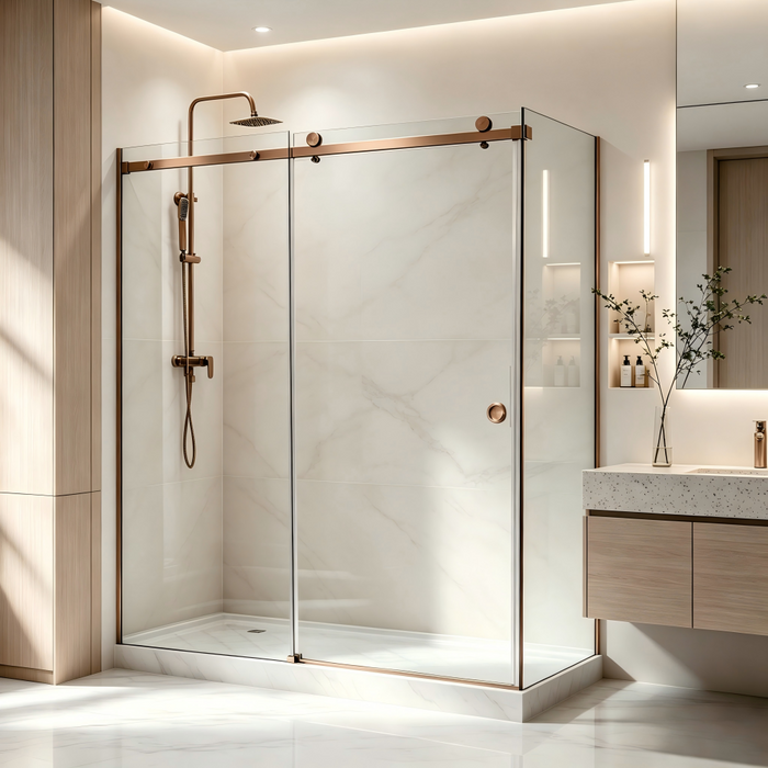 870-1180mm Covey Frameless Brushed Bronze Fitting L Shape Sliding Door 10mm Thickness Shower Screens - 2000mm Height