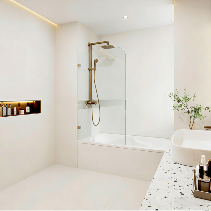 750/900*1500mm 10mm Tempered Glass Frameless Fixed Bathtub Screen With Curved Corner