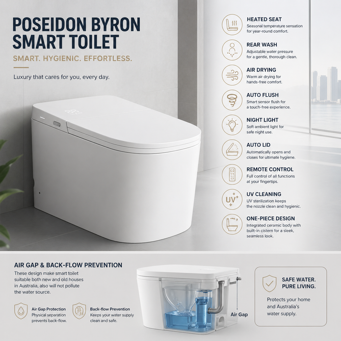 705*390*460mm Poseidon Byron Tornado One-Piece Ceramic Remote Control Wall Faced Smart Toilet