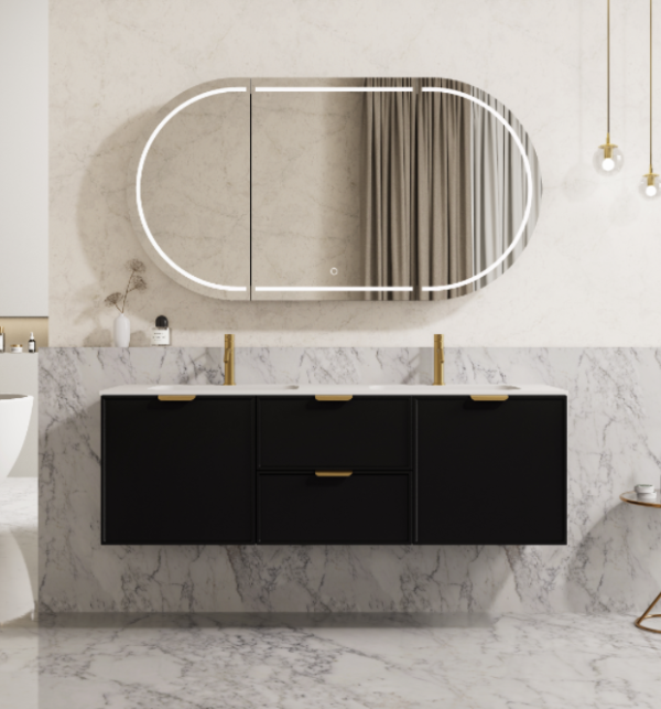 600-1500*455*480mm Poseidon Miami Matt Black PVC Finger Pull Handle Bathroom Wall Hung Vanity