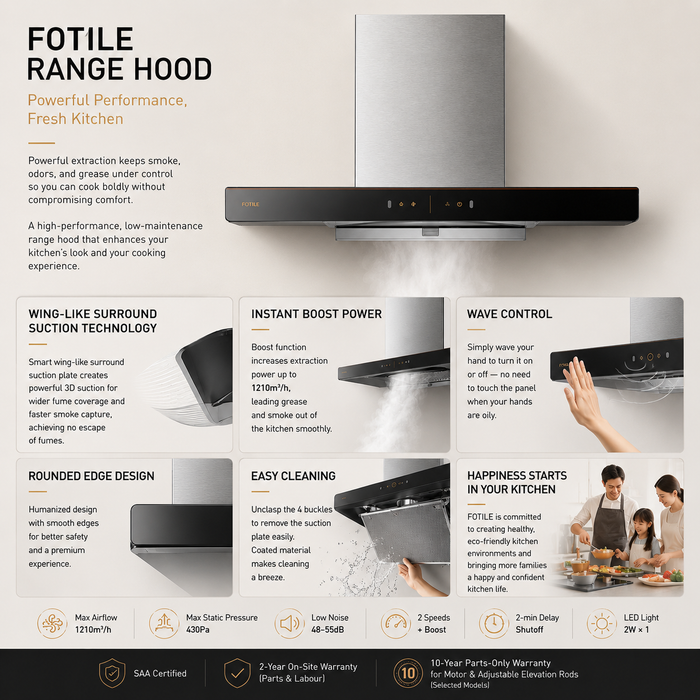 900mm Fotile Black Glass Built In/Canopy Rangehood