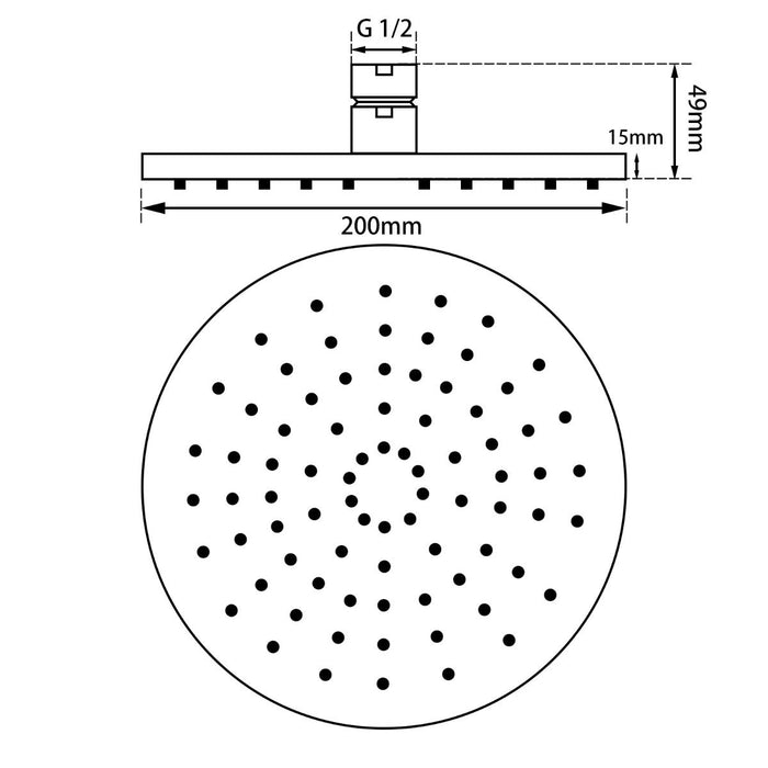 Round Black ABS Shower Head 200mm