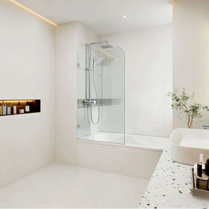 750/900*1500mm 10mm Tempered Glass Frameless Fixed Bathtub Screen With Curved Corner