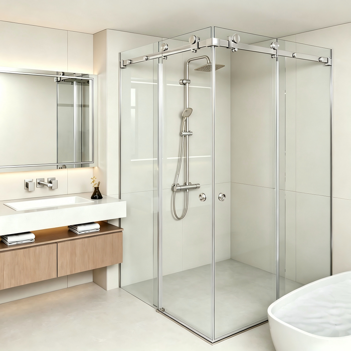 870-1450mm Covey Frameless L Shape Chrome Fitting Double Corner Sliding Doors 10mm Thickness Glass Shower Screen - 2000mm Height