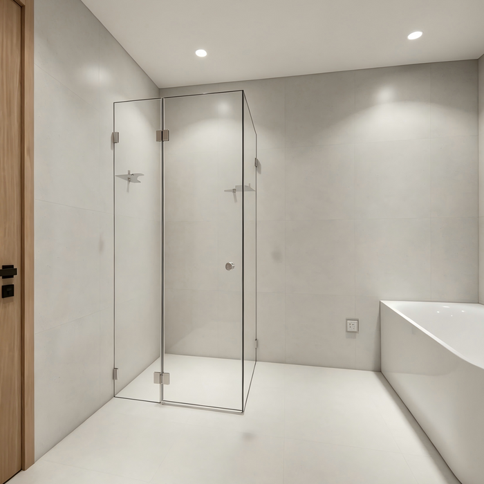 900-1200mm Sunny Frameless Square Pivot Door With Corner Glass Shelf Shower Screens - 2000mm Height