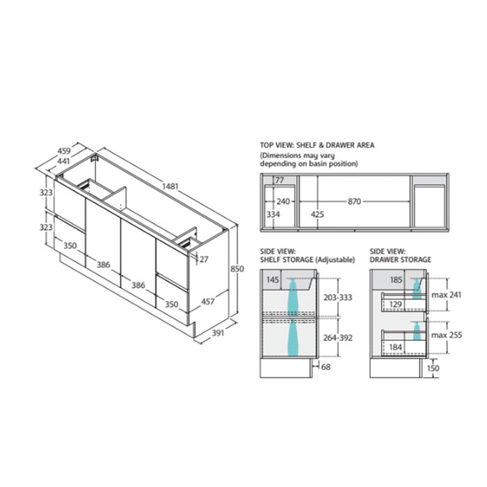 600-1800*400*850mm Door & Drawer Floor Standing Vanity