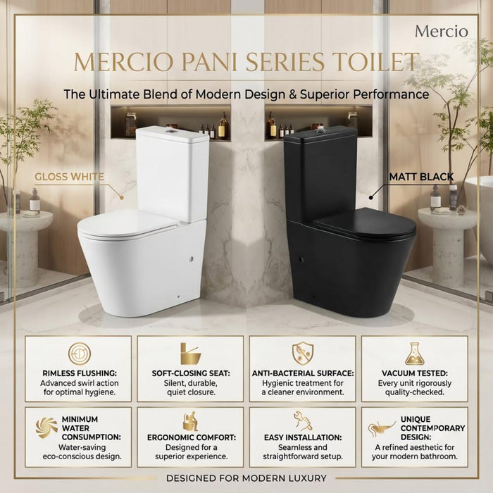 670*360*850mm Mercio Pani Ceramic High Gloss White Rimless Back To Wall Toilet