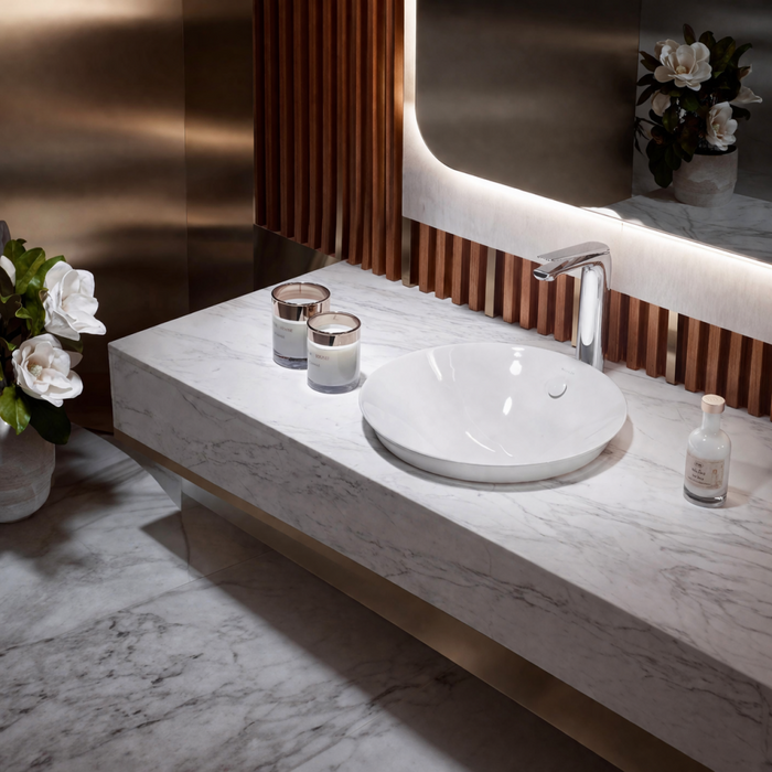 425*425*175mm Kohler Veil Essential Vessel Gloss White Ceramic Round Slim Rim With Overflow Semi Insert Basins