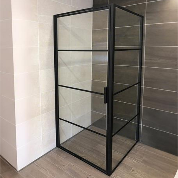 900-1000*1900mm BTH Black Glass L Shape Pivot Door With Fixed Return Panel Corner Framed Shower Screens