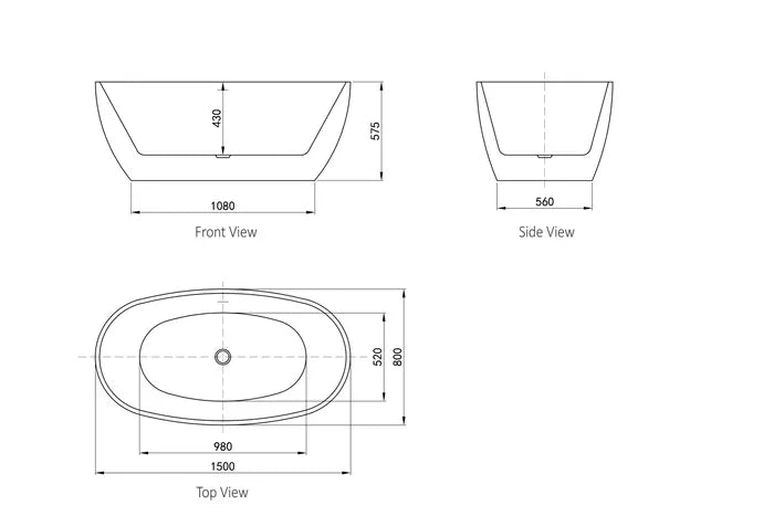 1500*800*575mm Vinny Gloss White Oval Freestanding Bathtub