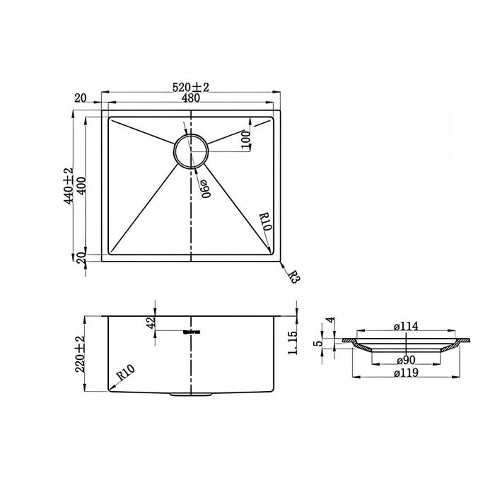 520*440*220mm Inspire AXON Brushed Stainless Steel Single Bowl Top/Under Mount Kitchen Sink