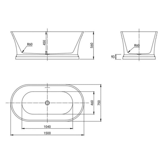 1500*750*560mm Hampton Gloss White Acrylic With Overflow Freestanding Bathtub