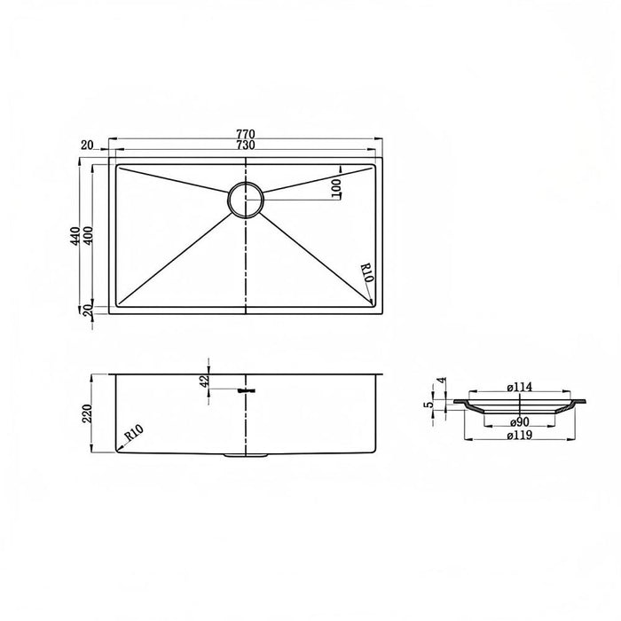770*440*220mm Inspire AXON Brushed Stainless Steel Single Bowl Top/Under Mount Kitchen Sink