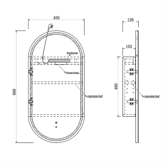 900*450mm OTT Noosa Natural Oak/Black Oak/Matte White Oval Shape Wall Mounted LED Shaving Cabinet