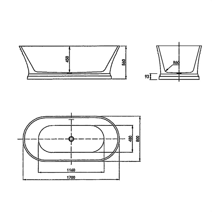 1700*800*560mm Hampton Gloss White With Overflow Freestanding Bathtub