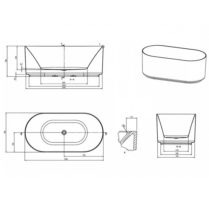 1500*750*580mm Otti Attica Celine Gloss White Oval Slimline Freestanding Bathtub