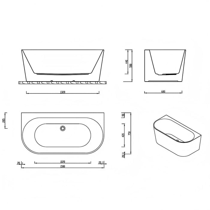 FS36 1500/1700mm White Oval Acrylic Back To Wall Freestanding Bathtub