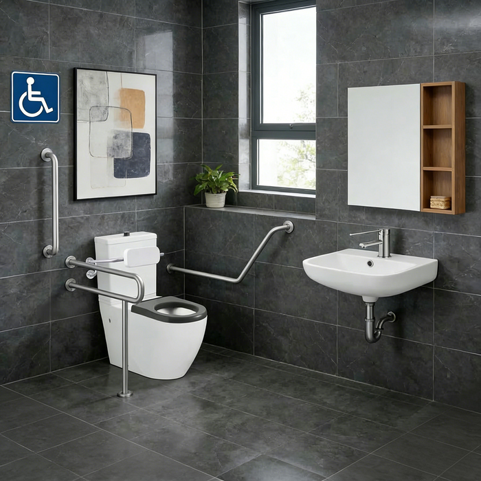 Enhanced Accessible Care Bathroom Package - Care Toilet, Basin with Mixer, Full Support Rail System & Backrest