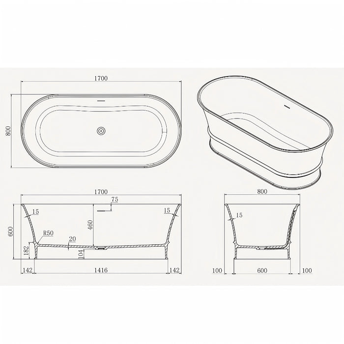 1500-1700*700*680mm Poseidon Harrington Matt White Oval Solid Surface Stone With Overflow Freestanding Bathtub