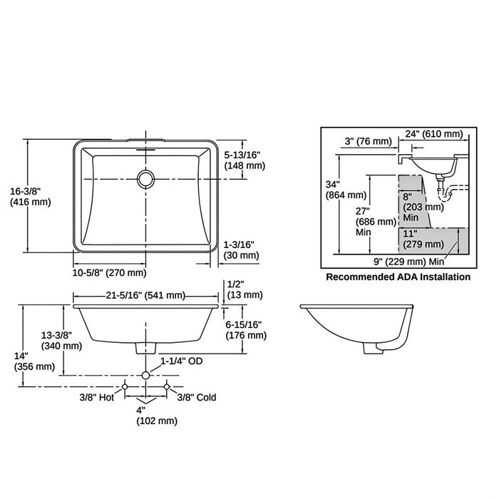 482*352*184mm Kohler Brazn Kohler White/Honed Black Ceramic Rectangle With Overflow Under-Mount Basins