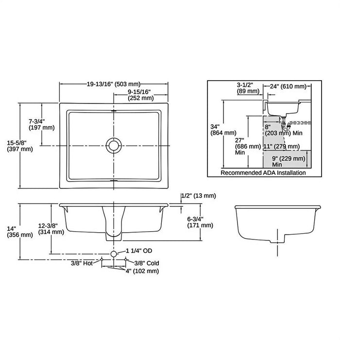 503*397*171mm Kohler Verticyl Gloss White Ceramic Rectangle With Overflow Under-Mount Basins