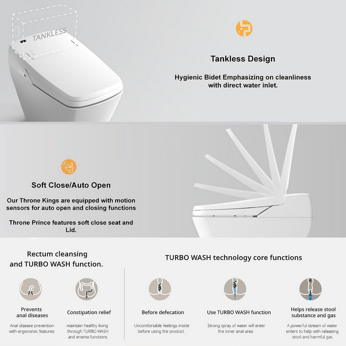 720*410*525mm The Bidet Shop King Throne Luxury Tankless Auto Open/Close Bidet Smart Toilet Suite