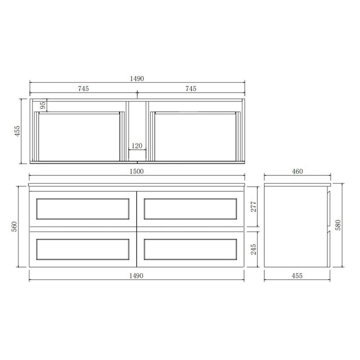 600-1500*460*580mm Poseidon Fremantle Matt Grey PVC Bathroom Wall Hung Vanity