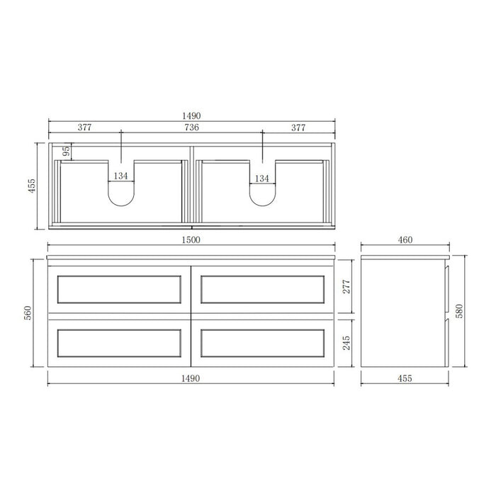 600-1500*460*580mm Poseidon Fremantle Matt Grey PVC Bathroom Wall Hung Vanity