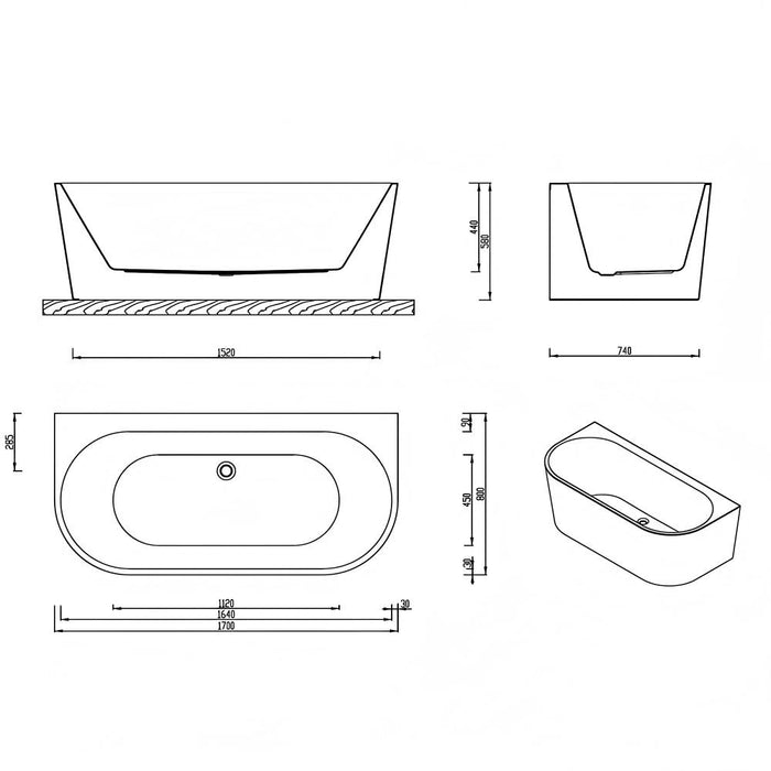FS36 1500/1700mm White Oval Acrylic Back To Wall Freestanding Bathtub