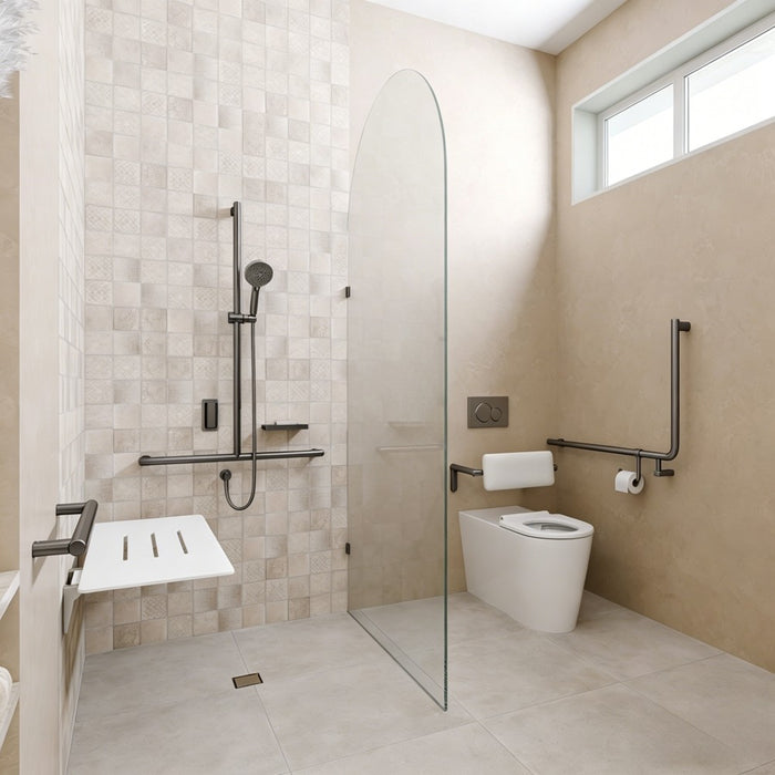 Left-Hand Accessible Care Bathroom Package – Shower, Toilet & Support System (Std & Plus - Gun Metal)