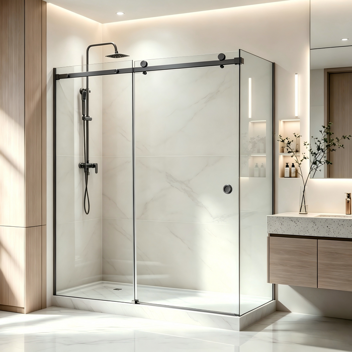 870-1180mm Covey Frameless Gun Metal Fitting L Shape Sliding Door 10mm Thickness Shower Screens - 2000mm Height