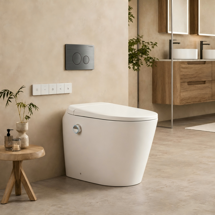 590*395*500mm Lafeme Autolux Rimless Space-Saving Wall Faced Smart Toilet Suite With Auto Lid & Foot Sensor