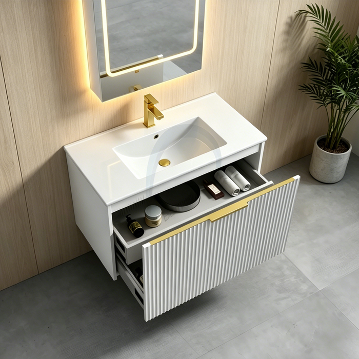 600-1500*455*830mm Infinity Thena White High-Moisture Resistant Plywood Fluted Wall Hung Bathroom Vanity