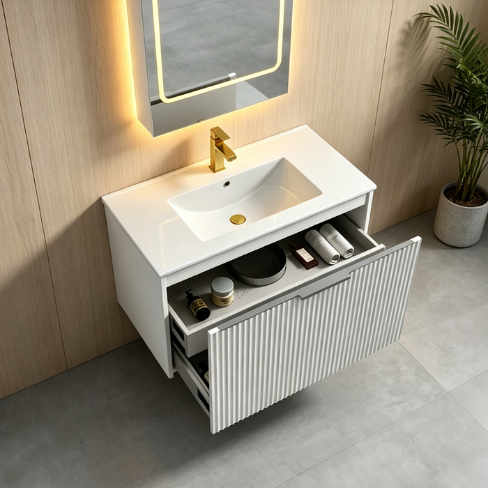 600-1500*455*830mm Infinity Thena White High-Moisture Resistant Plywood Fluted Wall Hung Bathroom Vanity